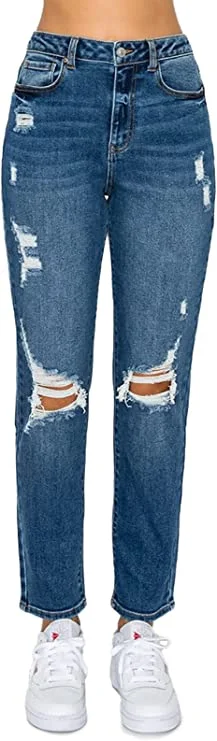Budget-Friendly Looks wax jean Women's Mom Jean with Blown Out Knee