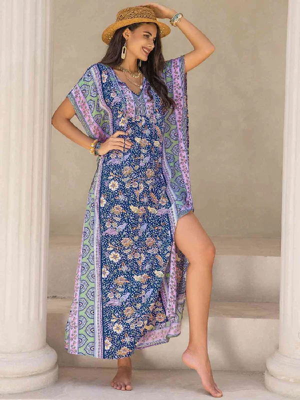 Casual Chic V-Neck Printed Slit Maxi Dress