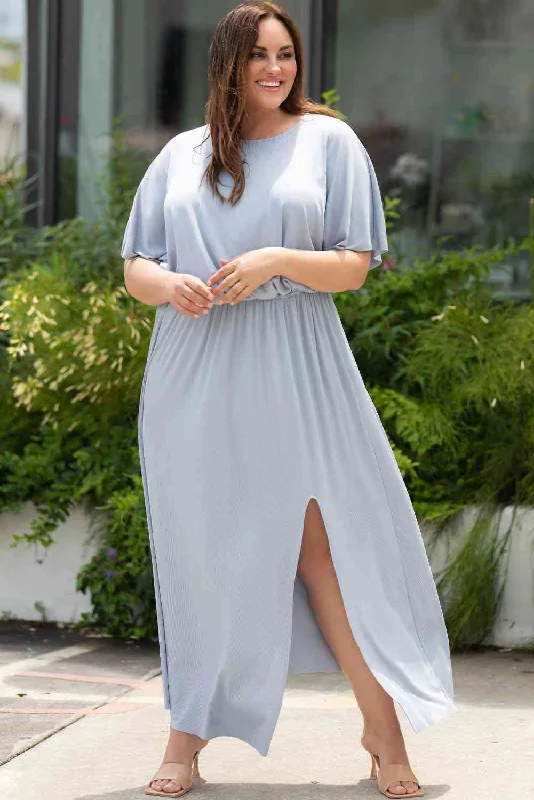Personalized Art Style Plus Size Round Neck Split Flutter Sleeve Maxi Dress