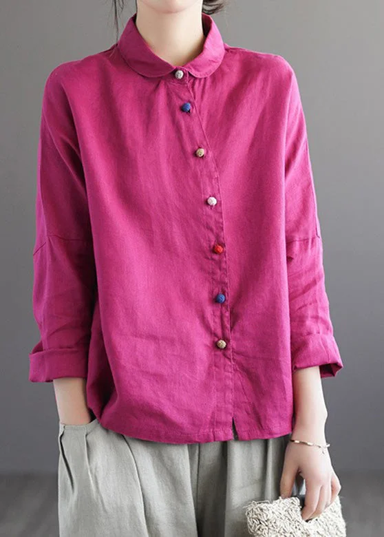 Simple Style Brief Rose Peter Pan Collar Solid Linen Shirts Long Sleeve