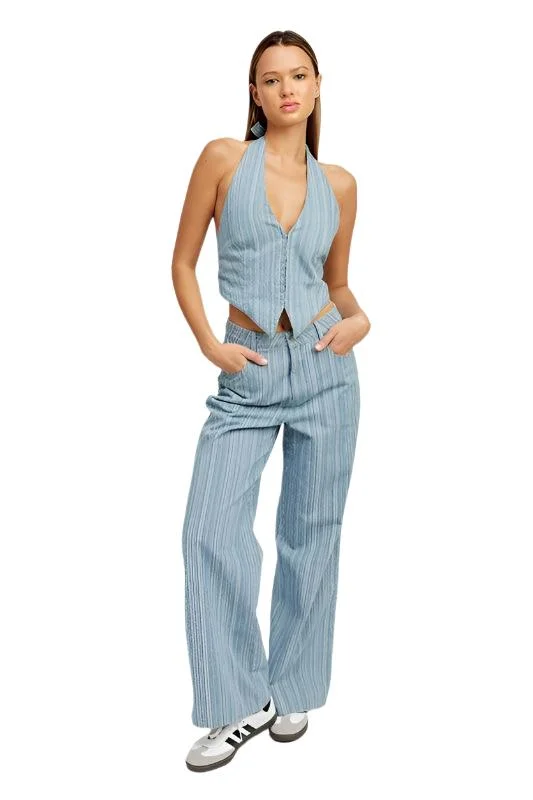 Casual Vibes Light Blue Pinstripe Mid Rise Wide Leg Pants
