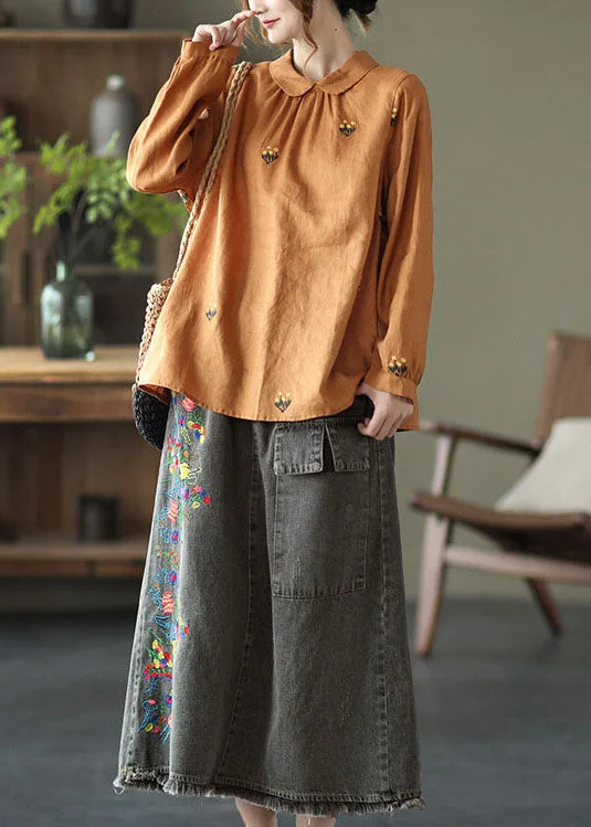 Cool Comfort Diy Orange Wrinkled Embroideried Patchwork Linen Shirts Long Sleeve