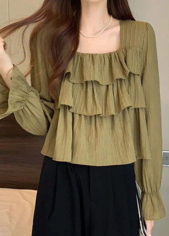 Cozy Wear New Green Square Collar Ruffled Patchwork Cotton Top Spring