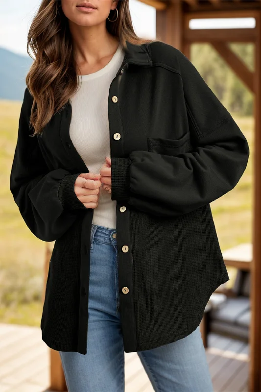 Everyday Outfits Waffle-Knit Collared Neck Long Sleeve Shacket