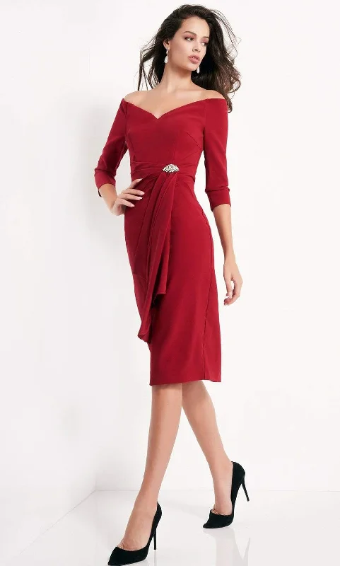 Warm Style Jovani - 02949 Three Quarter Sleeve V-Neck Off Shoulder Cocktail Dress