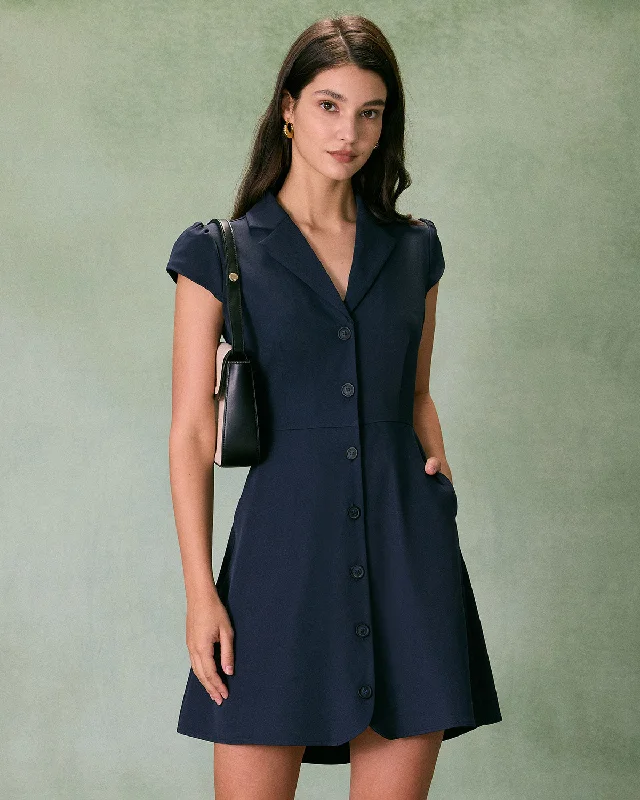 Modern Comfort The Navy Lapel Cap Sleeve Button-up Mini Dress