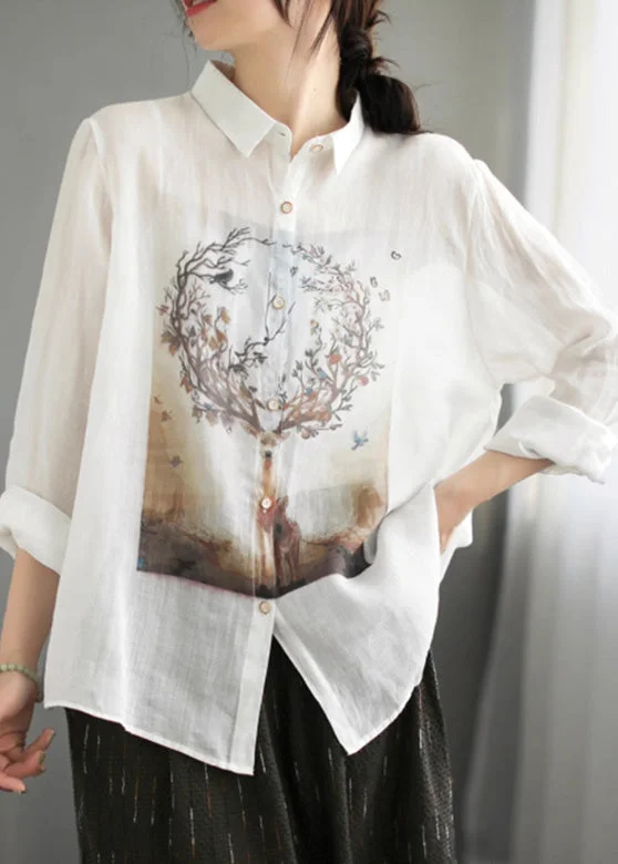 Practical Wear Natural White Peter Pan Collar Button Ramie Tops Spring