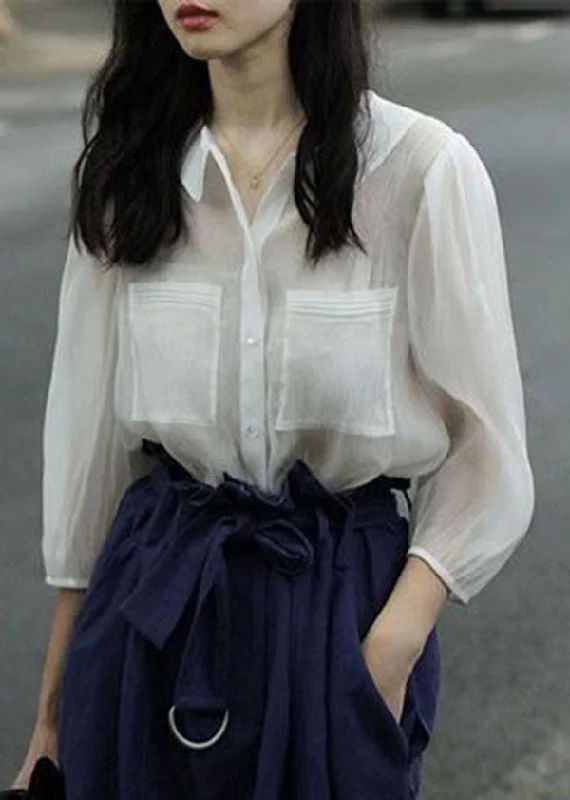 Warm Apparel Boutique White Peter Pan Collar Patchwork Chiffon Top Spring