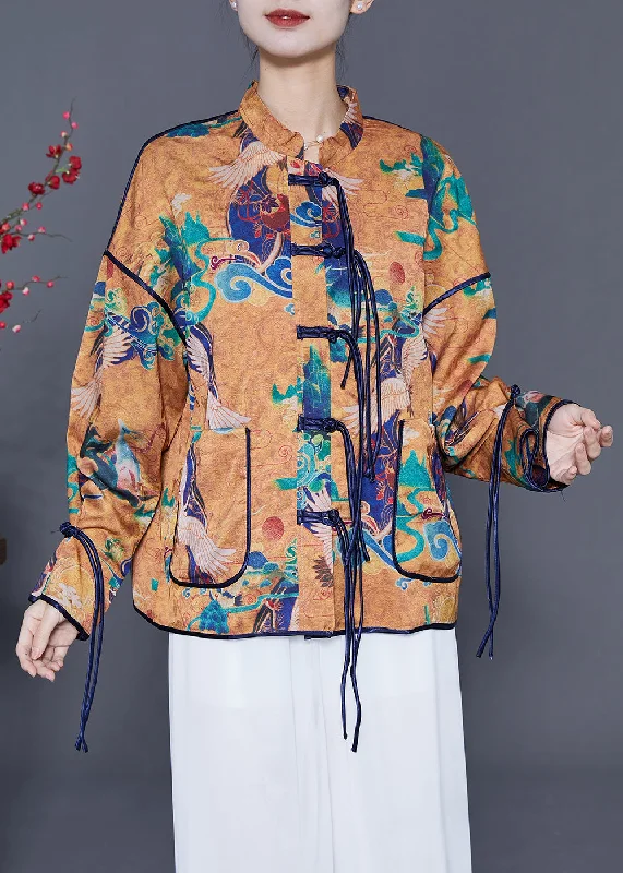 Functional Outfits Retro Coffee Mandarin Collar Print Tassel Silk Shirt Spring