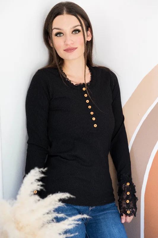 Sporty Look Buttons & Lace Black Henley