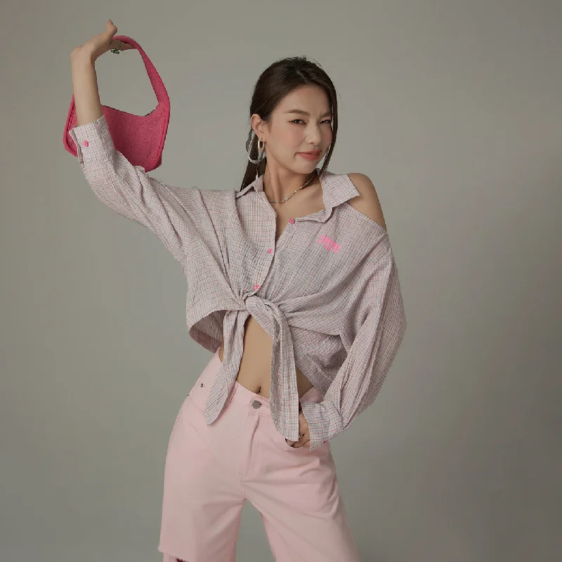 Casual Chic One-Shoulder Cut Out Check Tie-Up Shirt