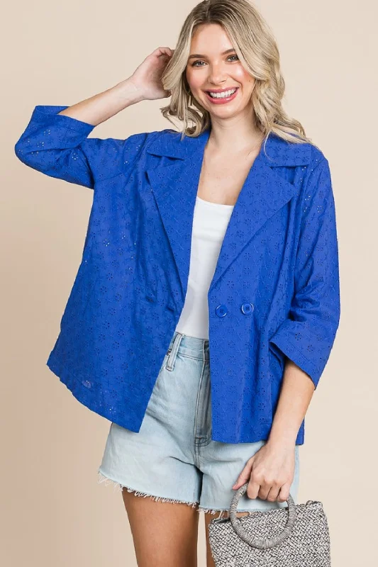 Personalized Layout Culture Code Double Breasted Eyelet Jacket with Pockets