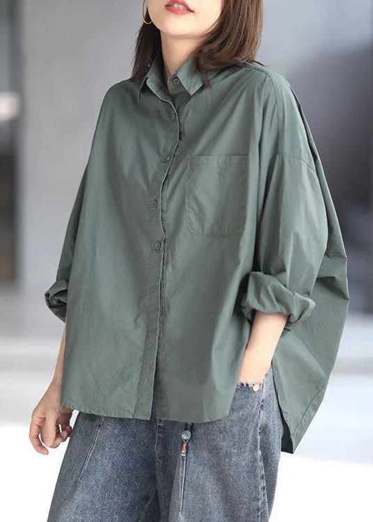 Comfy Tops Plus Size Green Peter Pan Collar Patchwork Cotton Shirt Top Spring