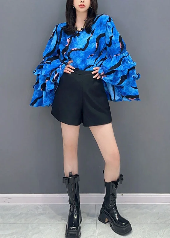 Smart Choices Blue Print Patchwork Cotton Top O Neck Ruffled Summer