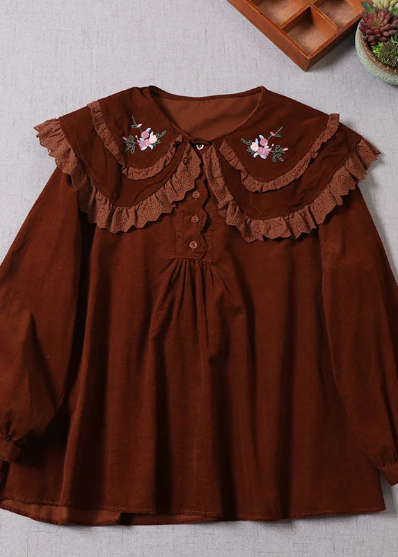 Affordable Chic DIY Chocolate Embroideried Button Corduroy Blouses Spring
