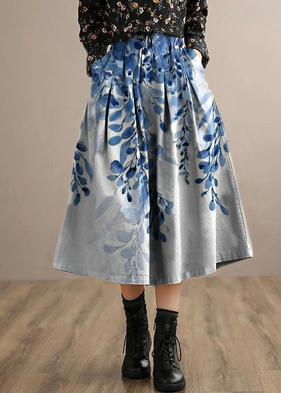 Simple Chic French Blue Flowers Clothes For Women Elastic Waist Art Spring Dresses