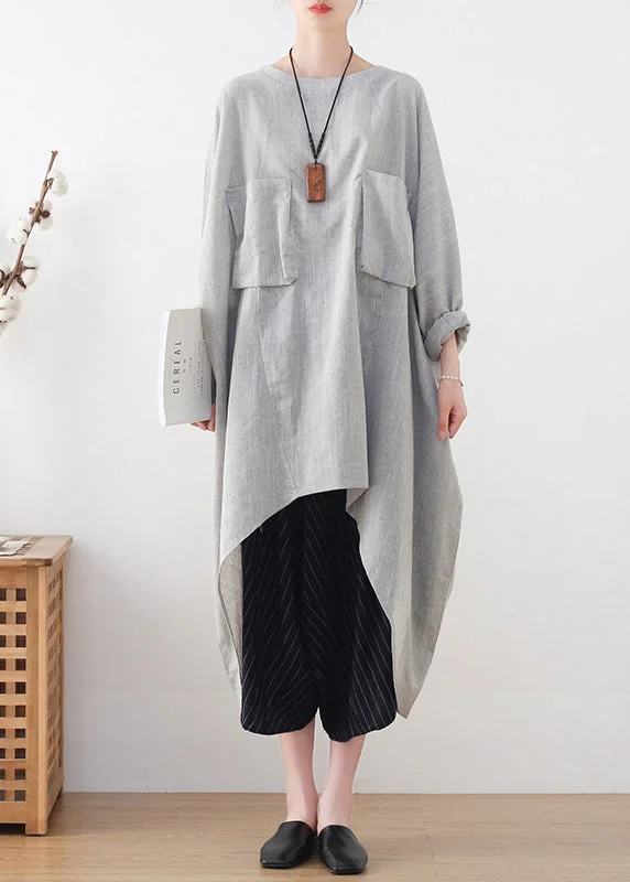 Relaxed Wardrobe Fashion Light Grey Drawstring Asymmetrical Pockets Cotton Tops Batwing Sleeve Relaxed Wardrobe Fashion Light Grey Drawstring Asymmetrical Pockets Cotton Tops Batwing Sleeve