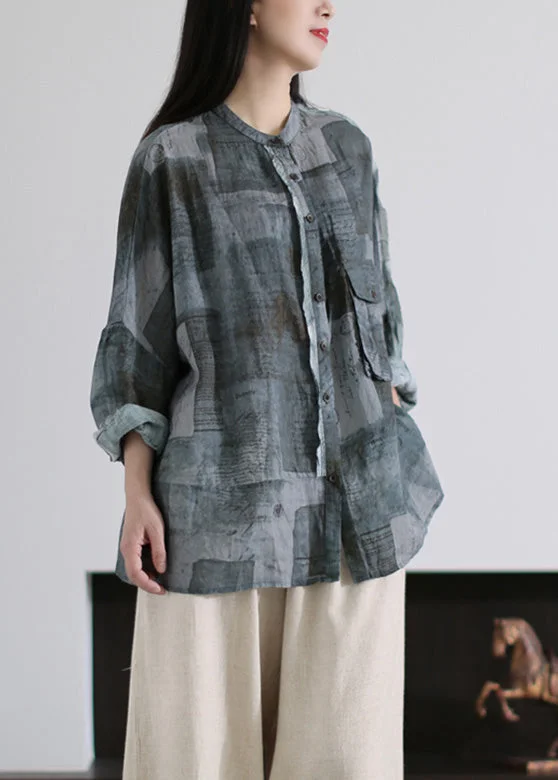 Fashion Staples Handmade Grey Print Button Ramie Shirts Long Sleeve