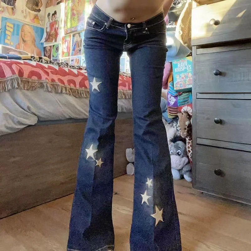 Distinctive Personality DressBetty - Star Printed Streetwear Vintage Low Waist Pockets Blue Denim Skinny Flare Jeans Distinctive Personality DressBetty - Star Printed Streetwear Vintage Low Waist Pockets Blue Denim Skinny Flare Jeans