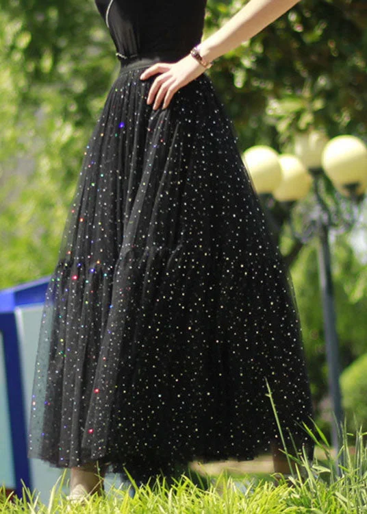 Trendy Clothing Boho Black Sequins Patchwork tulle Skirt Spring