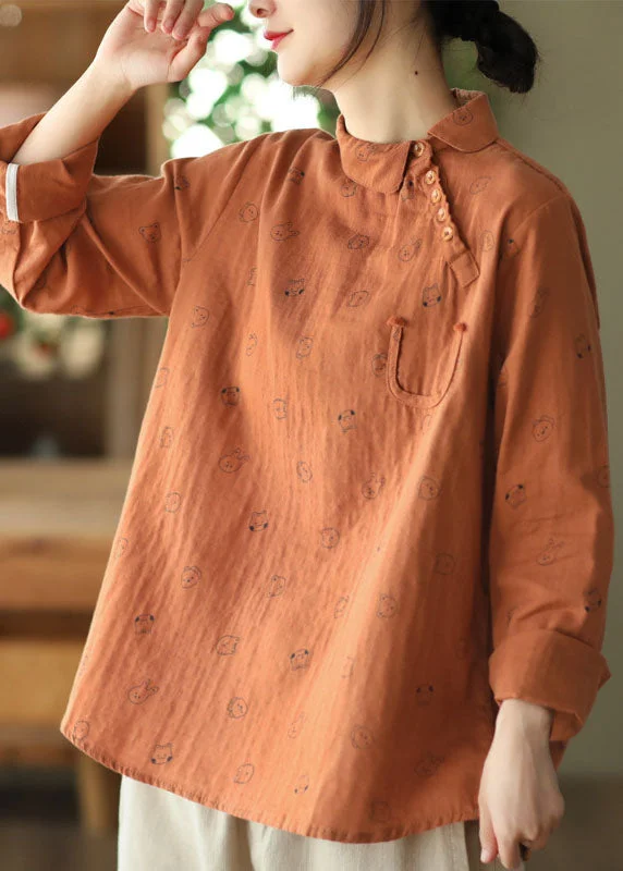 Cool Comforts Boutique Orange Peter Pan Collar Print Button Cotton Tops Long Sleeve
