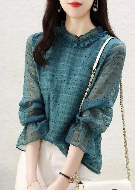 Cool Style Elegant Peacock Green Stand Collar Ruffled Dot Print Chiffon Tops flare sleeve Cool Style Elegant Peacock Green Stand Collar Ruffled Dot Print Chiffon Tops flare sleeve