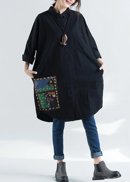 Casual Vibes Elegant lapel print cotton tunic pattern Plus Size design black Knee shirts spring Casual Vibes Elegant lapel print cotton tunic pattern Plus Size design black Knee shirts spring
