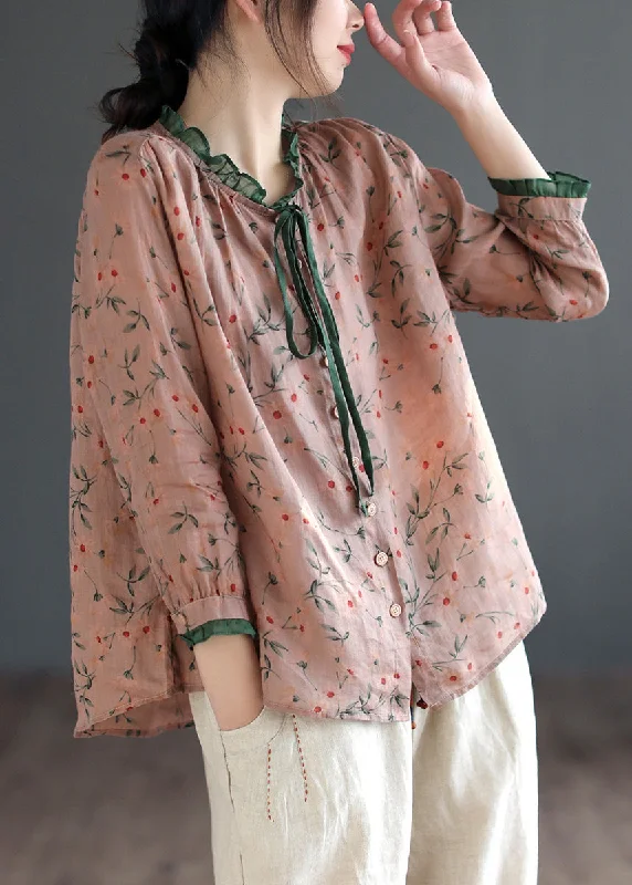 Relaxed Fashion Women Neck Tie Ruffled Print Low High Design Linen Shirt Long Sleeve Relaxed Fashion Women Neck Tie Ruffled Print Low High Design Linen Shirt Long Sleeve