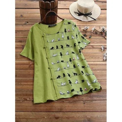 Elegant Fashion Cat Print Frog Button T-shirt