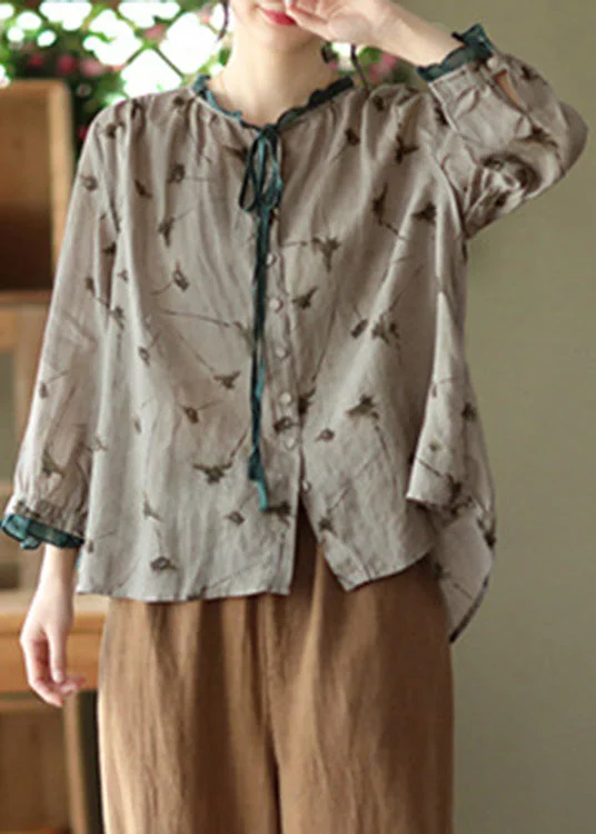 Comfortable Wardrobe Vintage Grey Neck Tie Print Ramie Tops Long Sleeve