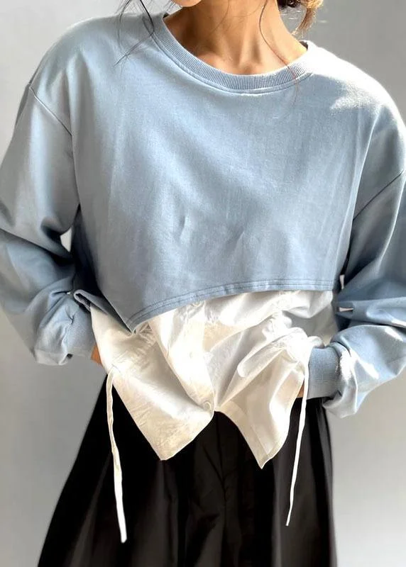 Chic Style Elegant Blue O-Neck Patchwork Asymmetrical Design Fall Sweatshirts Top