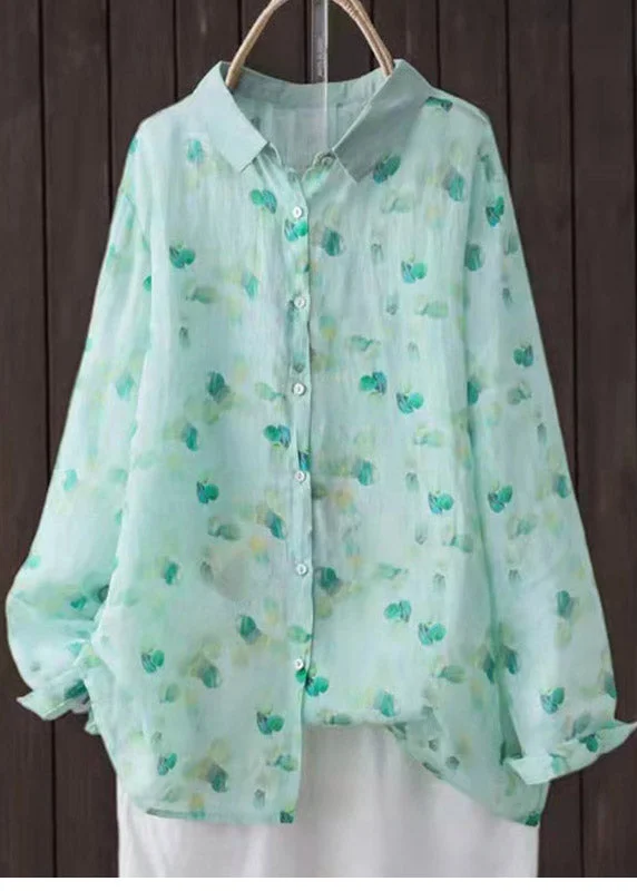 Cozy Casuals Cute Light Green Peter Pan Collar Print Shirt Tops Long sleeve