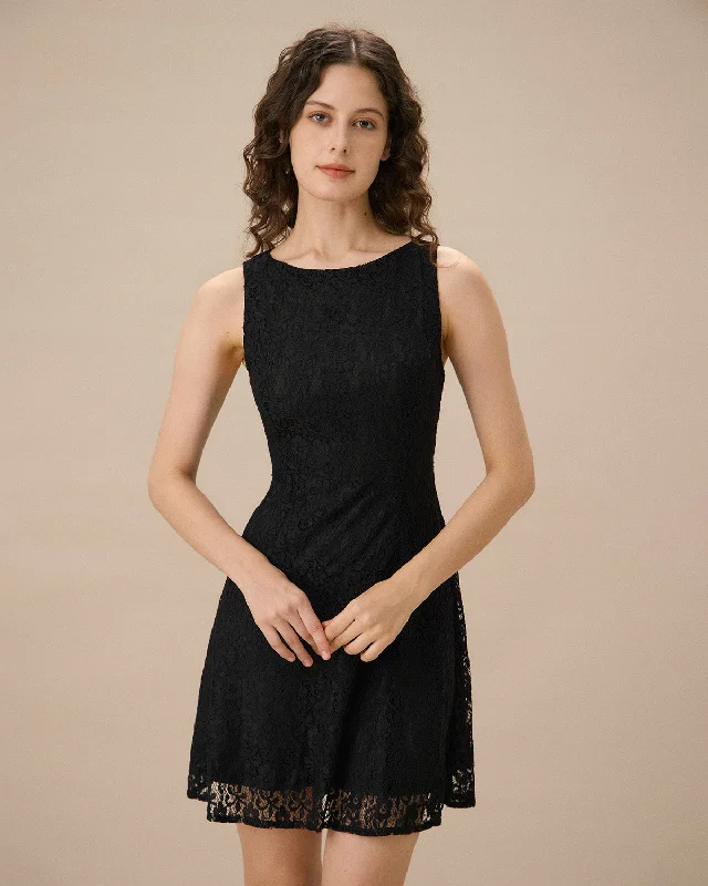 Cozy Essentials Black Lace Boat Neck Sleeveless Mini Dress