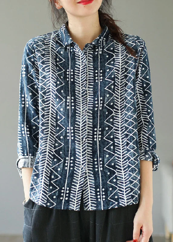 Simple Chic Art Blue Peter Pan Collar Print Patchwork Cotton Shirts Tops Spring