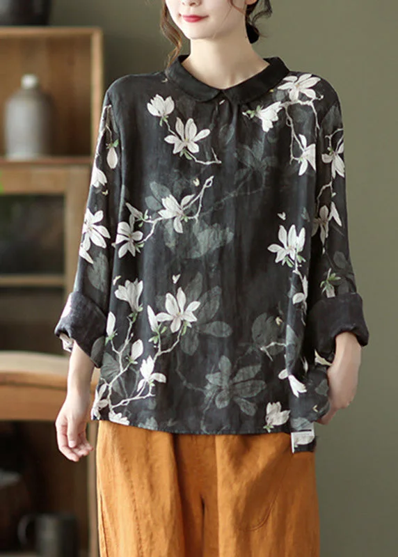Trendy Vibes Black Print Cozy Ramie Top Long Sleeve