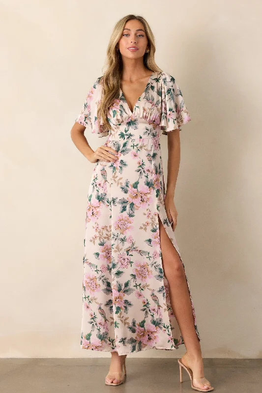 Soft Textiles Rosewood Romance Ivory Multi Floral Flutter Sleeve Maxi Dress
