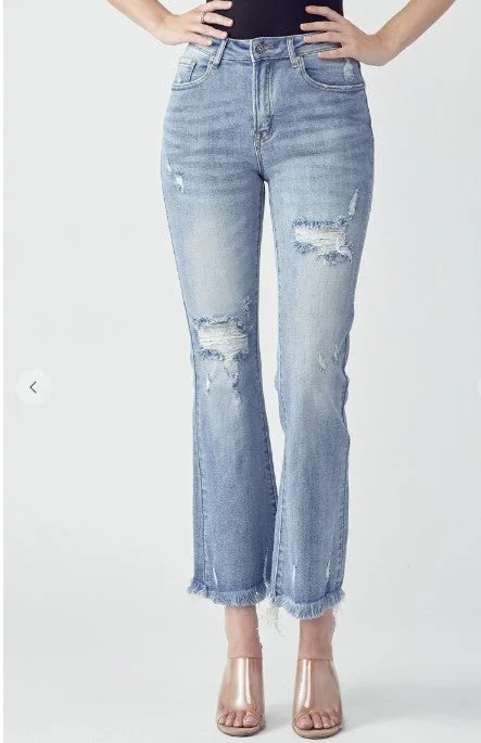 Cool Comforts Mid Rise Distressed Ankle Flare Risen Jeans