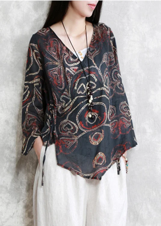 Budget-Friendly Looks Vintage Black V Neck Print Tie Waist Linen Shirt Long Sleeve