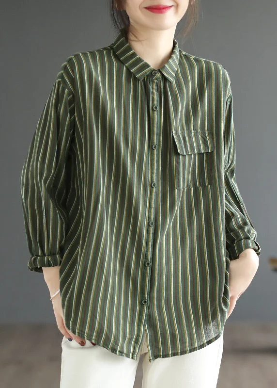 Chic Outfits Simple Green Peter Pan Collar Striped Button Cotton Shirt Long Sleeve