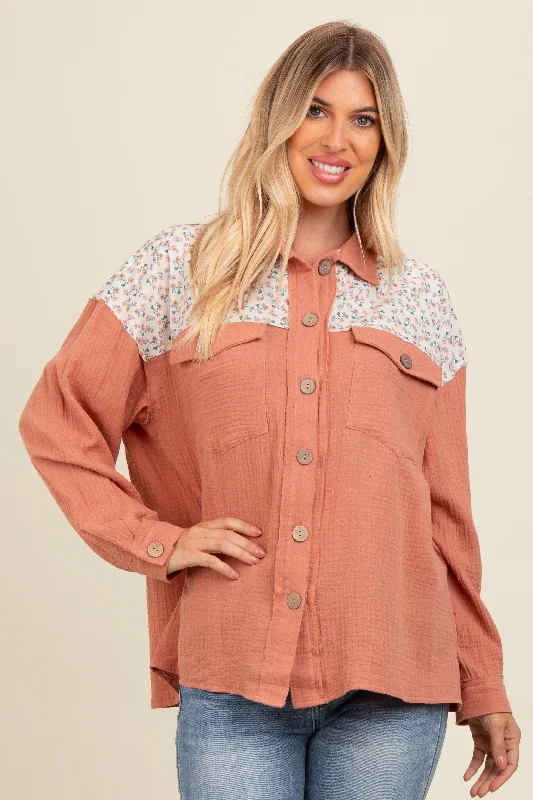 Warm Style Salmon Colorblock Floral Button Down