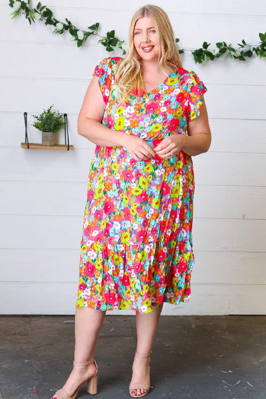 Affordable Trend Multicolor Floral Boho Elastic Waist Ruffle Midi Dress