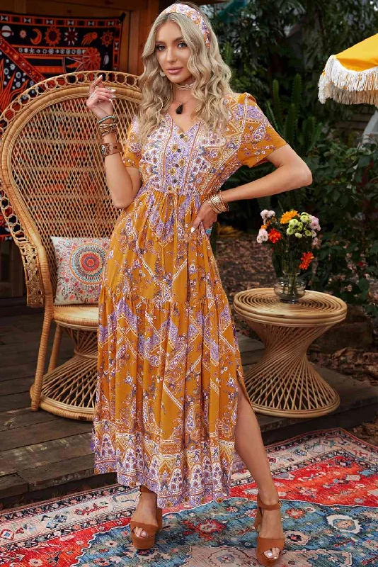 Fashion Layers Bohemian Side Slit V-Neck Maxi Dress