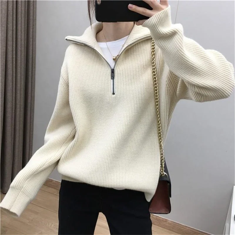 Relaxed Fit Casual Turnover Zipper Pullover Women Sweaters