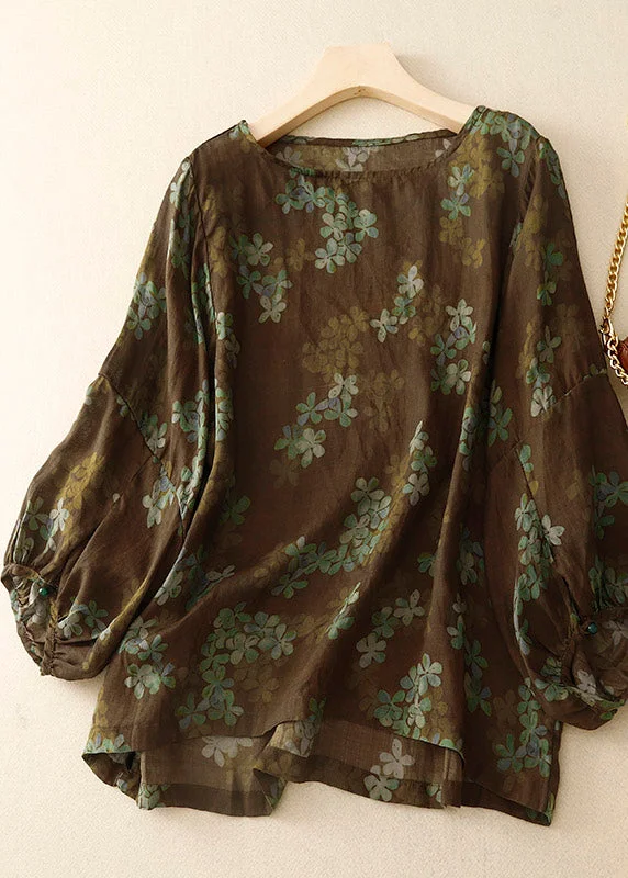 Versatile Looks Handmade Coffee O-Neck Print Top Lantern Sleeve
