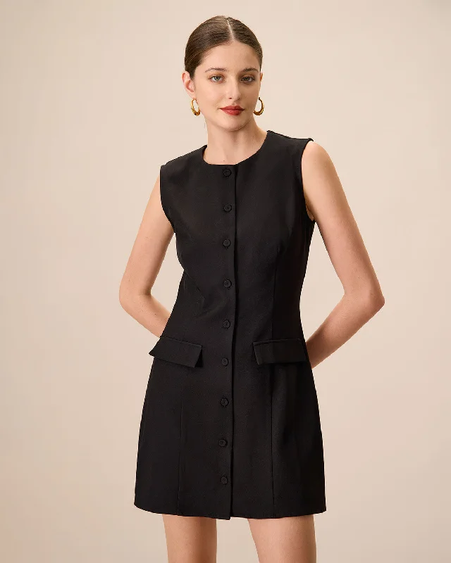 Romantic Dinner Women's Black Crew Neck Button Mini Dress