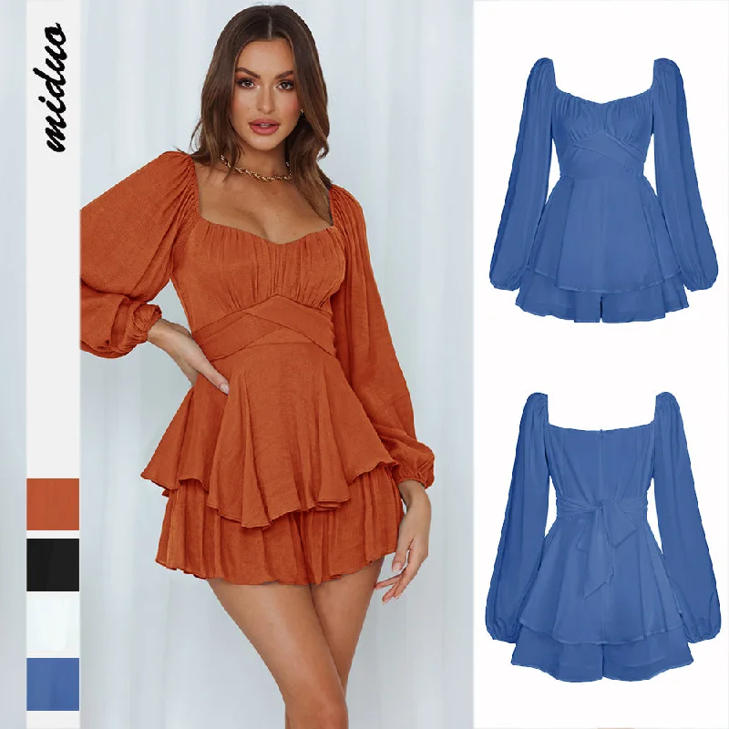 Stylish Comfort Sexy Square Neckline Long Sleeves  Short Jumpsuits Skirts