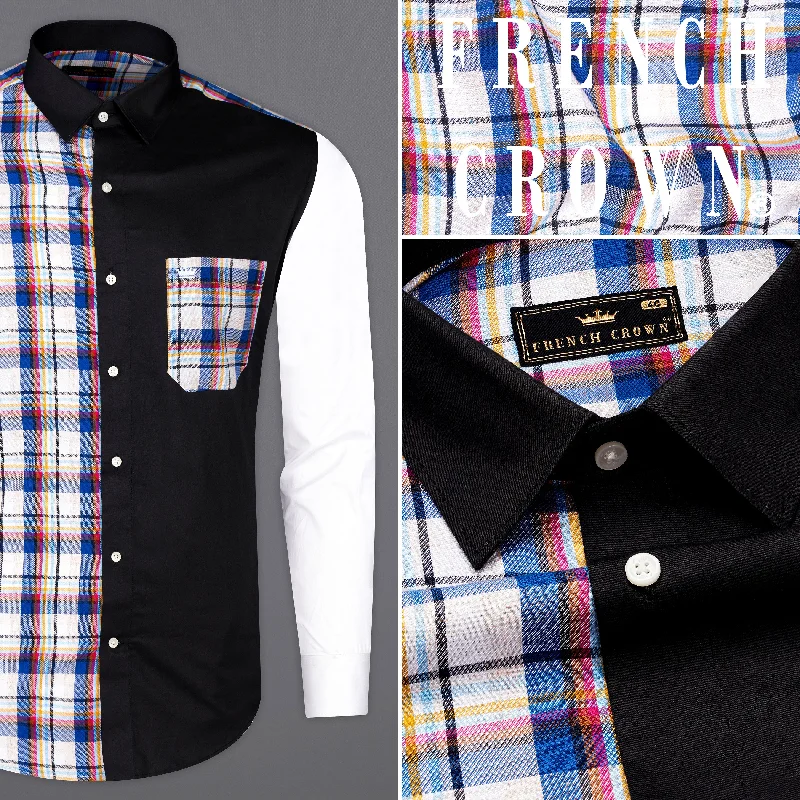 Comfortable Fit Bright White with Black and Cobalt Blue Checkered Super Soft Premium Cotton Designer Shirt