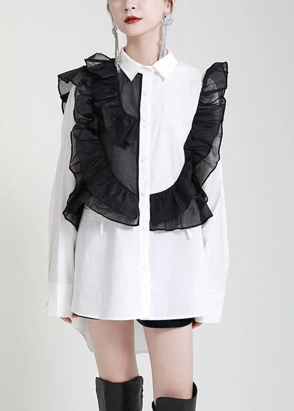 Personalized Denim Style Modern White PeterPan Collar Ruffles Fall Blouses Long sleeve Personalized Denim Style Modern White PeterPan Collar Ruffles Fall Blouses Long sleeve