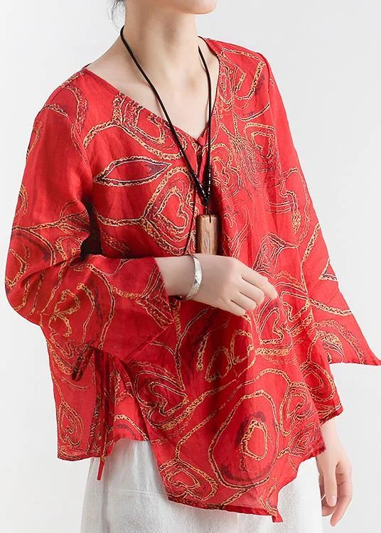 Affordable Trend Cotton and linen women's summer V-neck lace high-end large size abstract red printed heart-shaped ramie shirt