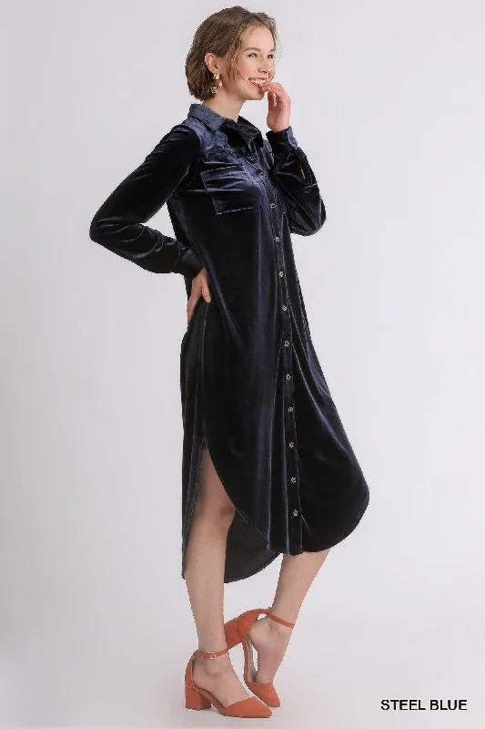 Classy Outfits Stretch Velvet Shacket Shirt in Steel Blue